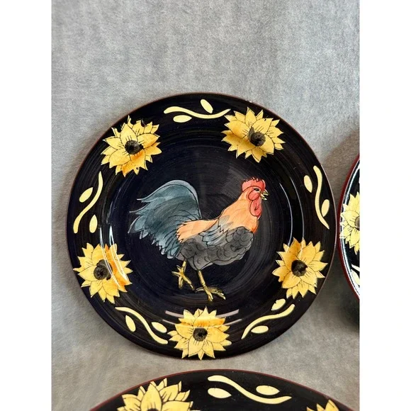 Set of 4 Rooster Sunflower Salad Plates Dark Blue Red Rim‎ Farmhouse  Decor - Picture 2 of 9